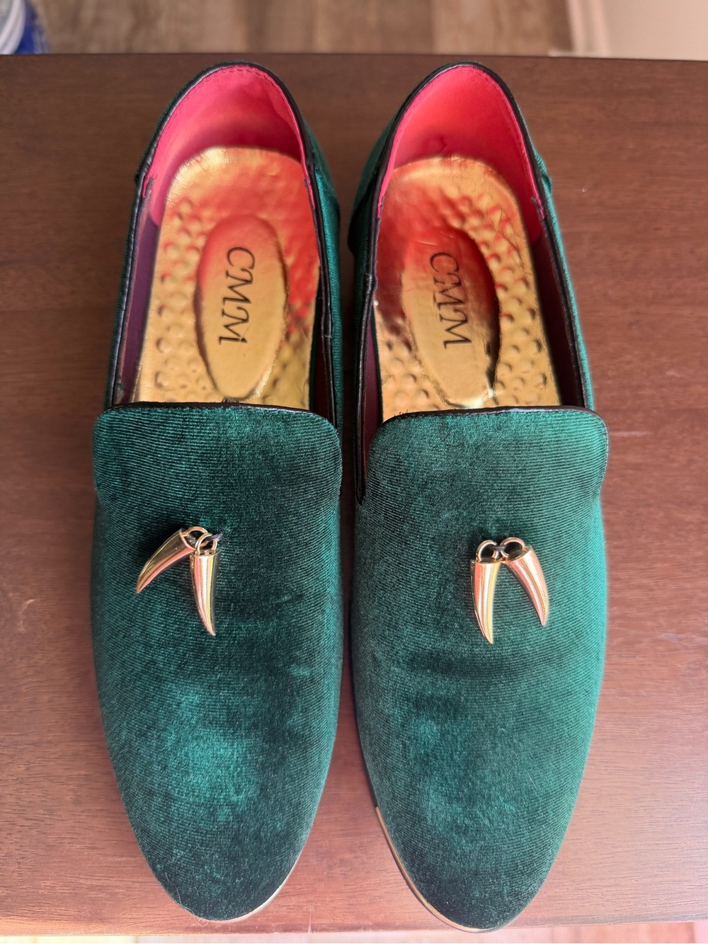 Men's Emerald Green Velvet Loafers with Gold Accent